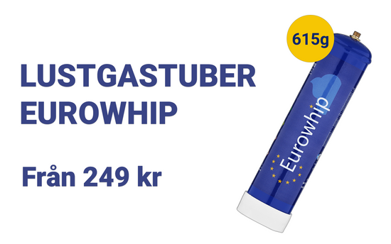 Köpa lustgas tub Eurowhip 615 gram. Eurowhip 615 gram lustgas tub är vår mest populära och billigaste lustgas tub.